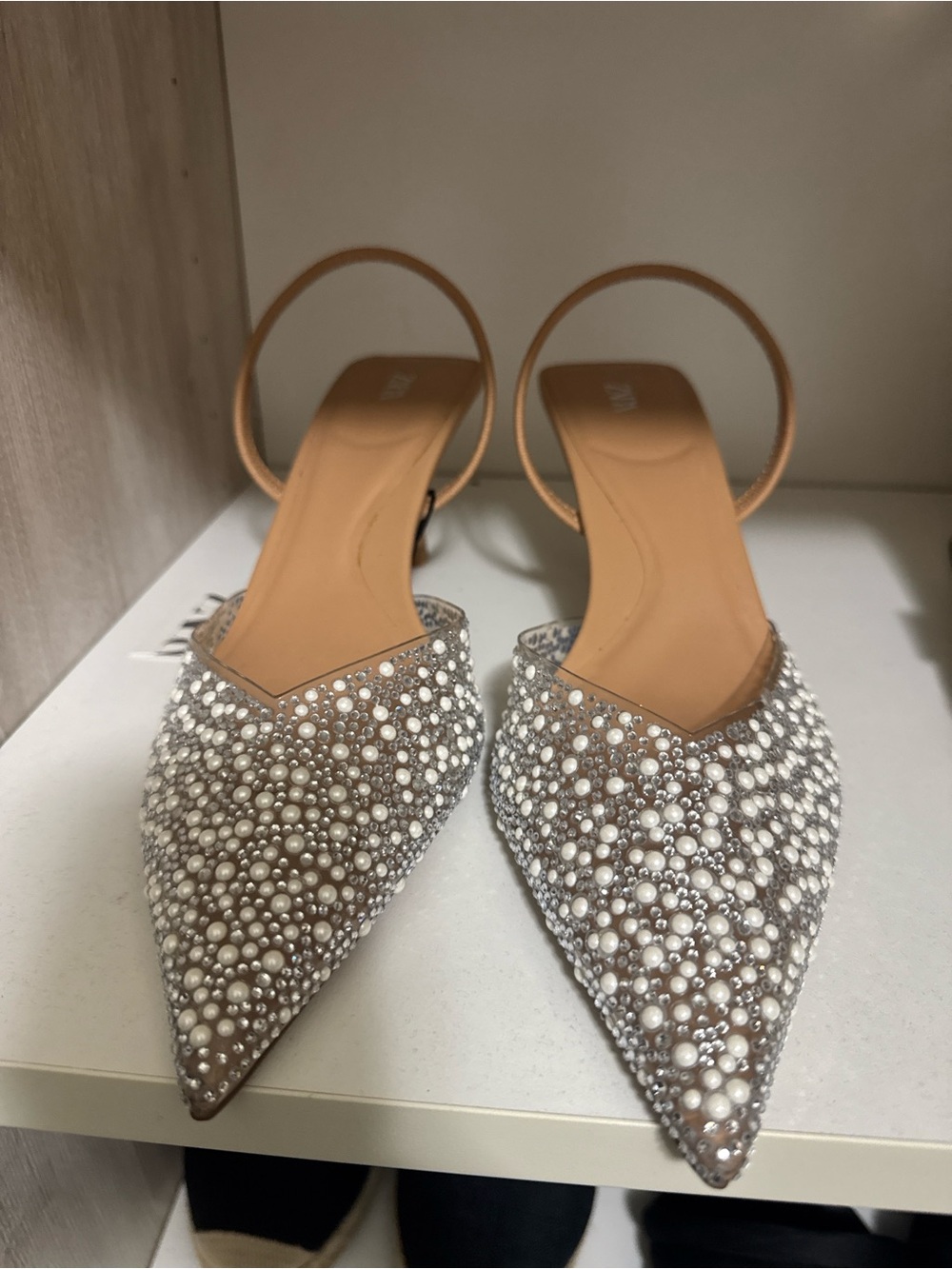 Zara Pearl-Embellished Nude Pointed Slingback Heels